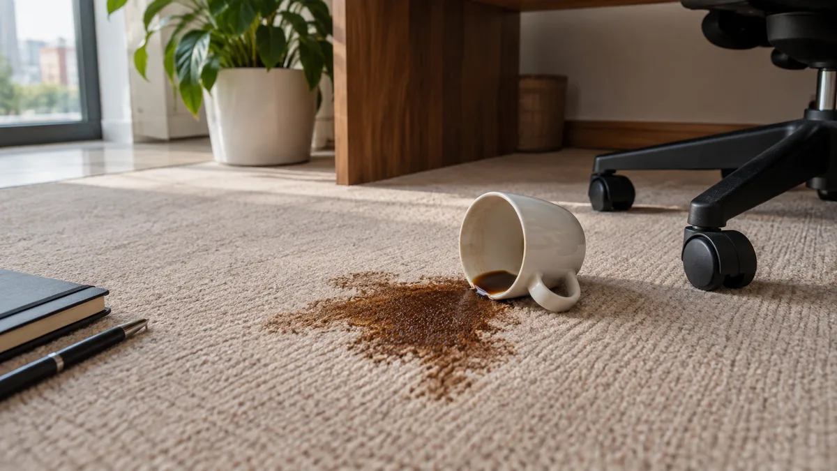 Imagem ilustrativa: Derrame de café na alcatifa em tecido bege