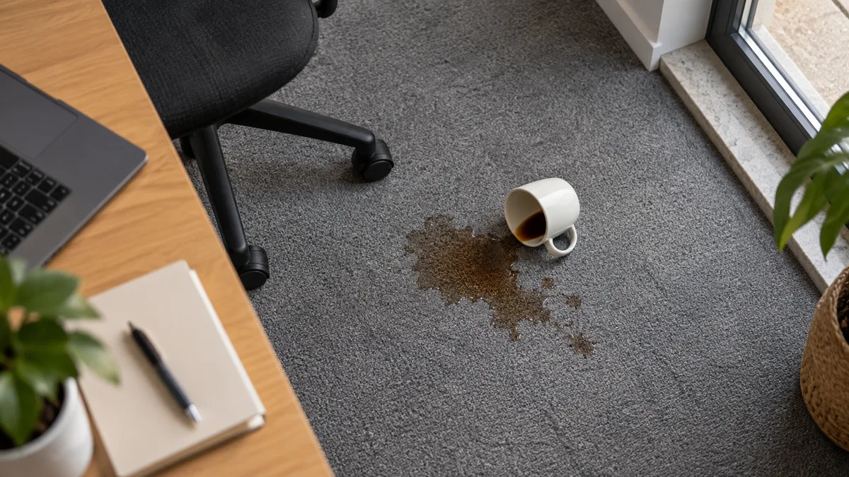 Imagem ilustrativa: Derrame de café na alcatifa em tecido cinzento