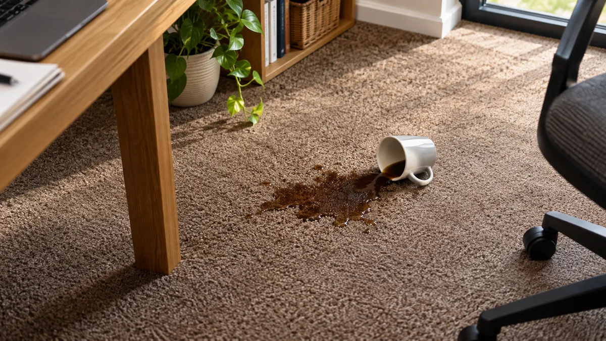 Imagem ilustrativa: Derrame de café na alcatifa em tecido castanho