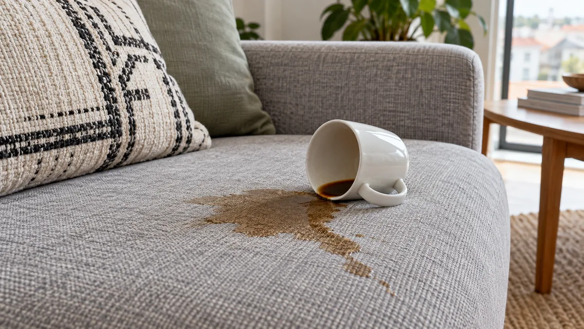 Imagem ilustrativa: Café derramado num sofá em tecido cinzento-claro