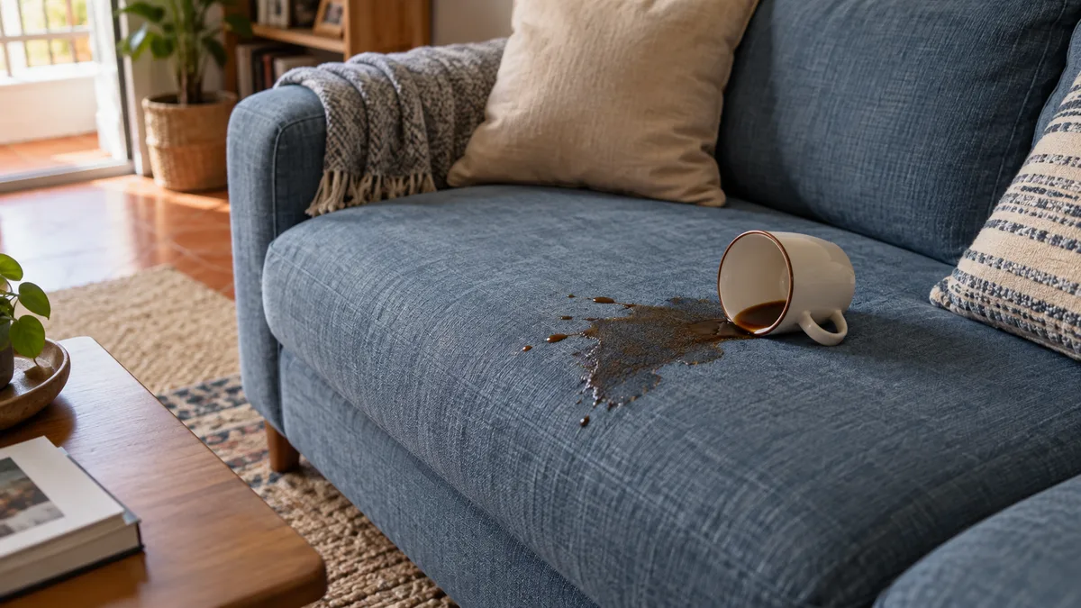 Imagem ilustrativa: Café derramado num sofá em tecido azul