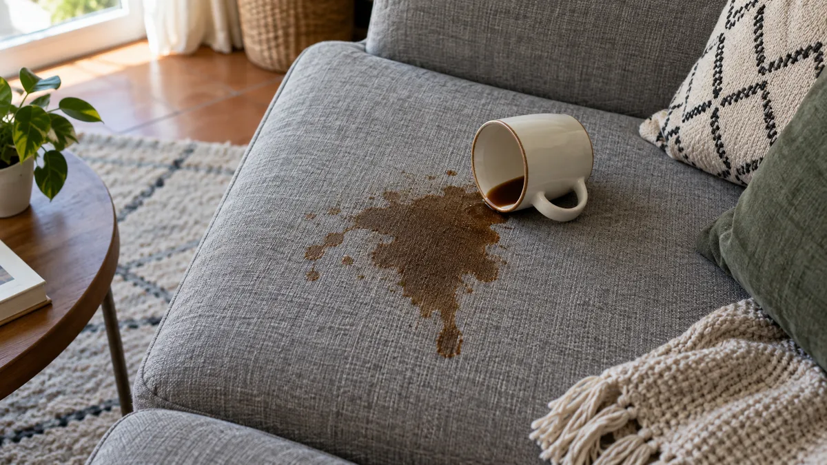 Imagem ilustrativa: Café derramado num sofá em tecido cinzento