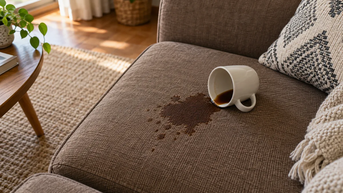 Imagem ilustrativa: Café derramado num sofá em tecido castanho