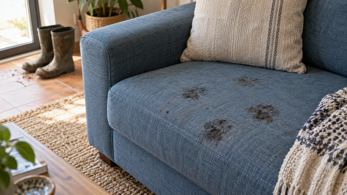 Imagem ilustrativa: Marcas de patas num sofá em tecido azul