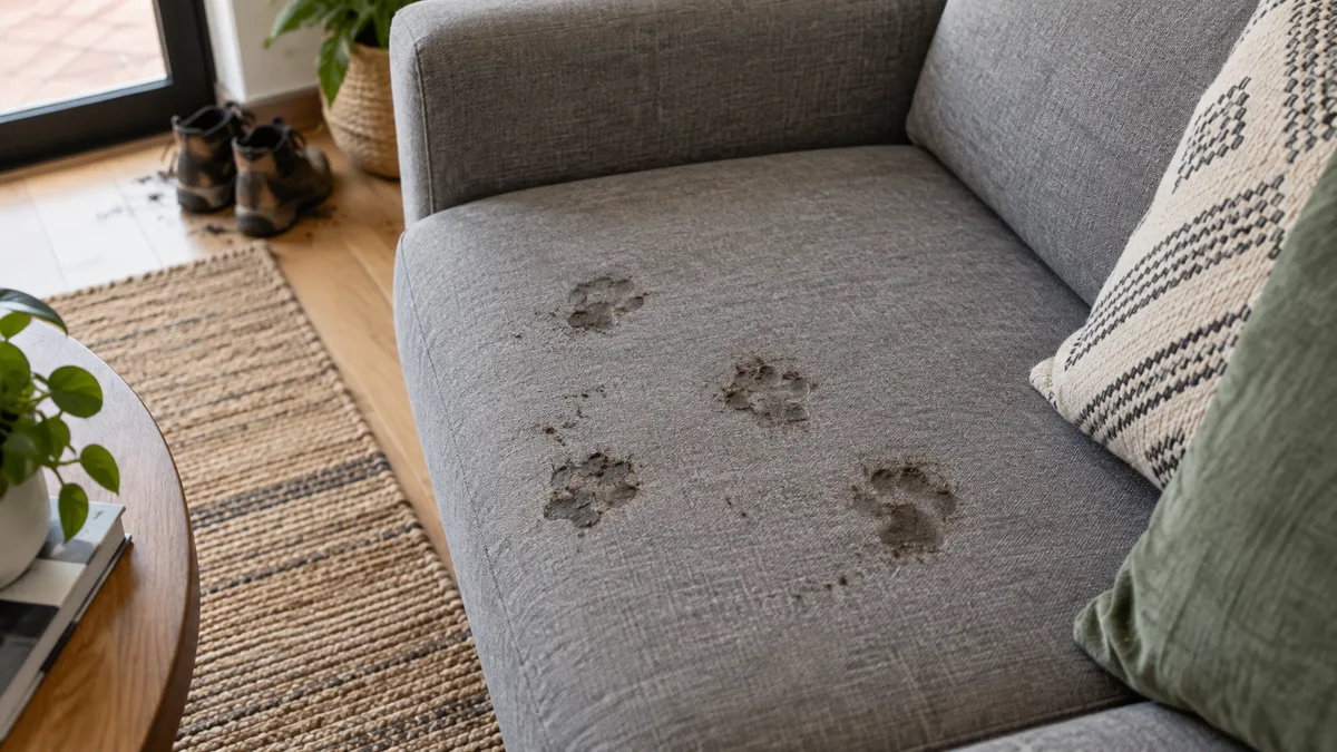 Imagem ilustrativa: Marcas de patas num sofá em tecido cinzento