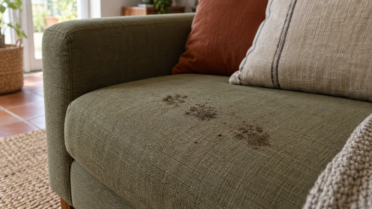 Imagem ilustrativa: Marcas de patas num sofá em tecido verde-azeitona