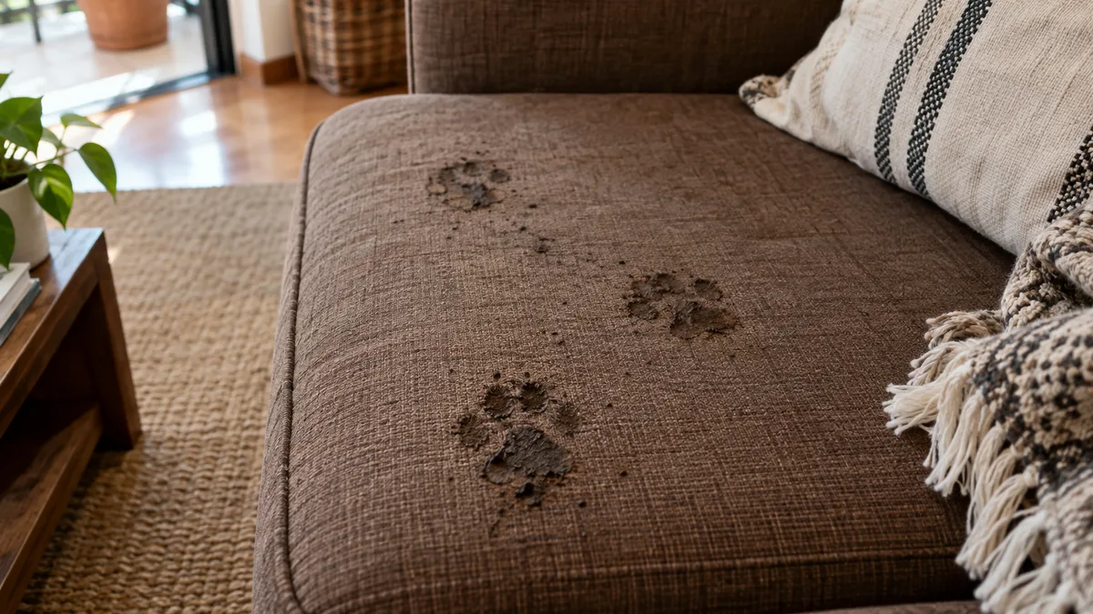 Imagem ilustrativa: Marcas de patas num sofá em tecido castanho
