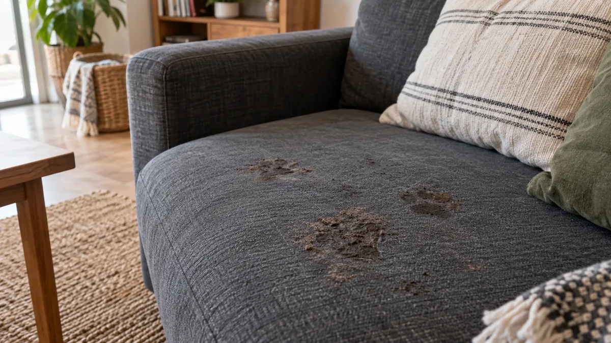Imagem ilustrativa: Marcas de patas num sofá em tecido antracite