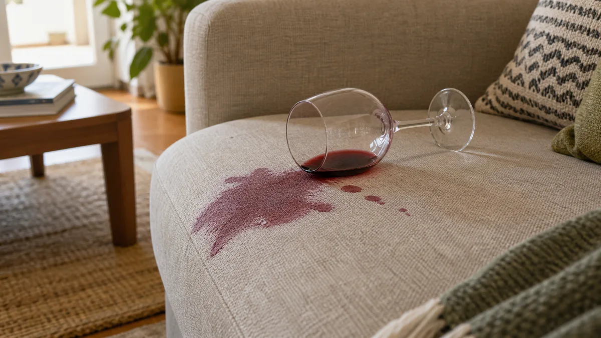 Imagem ilustrativa: Vinho derramado num estofo em tecido bege