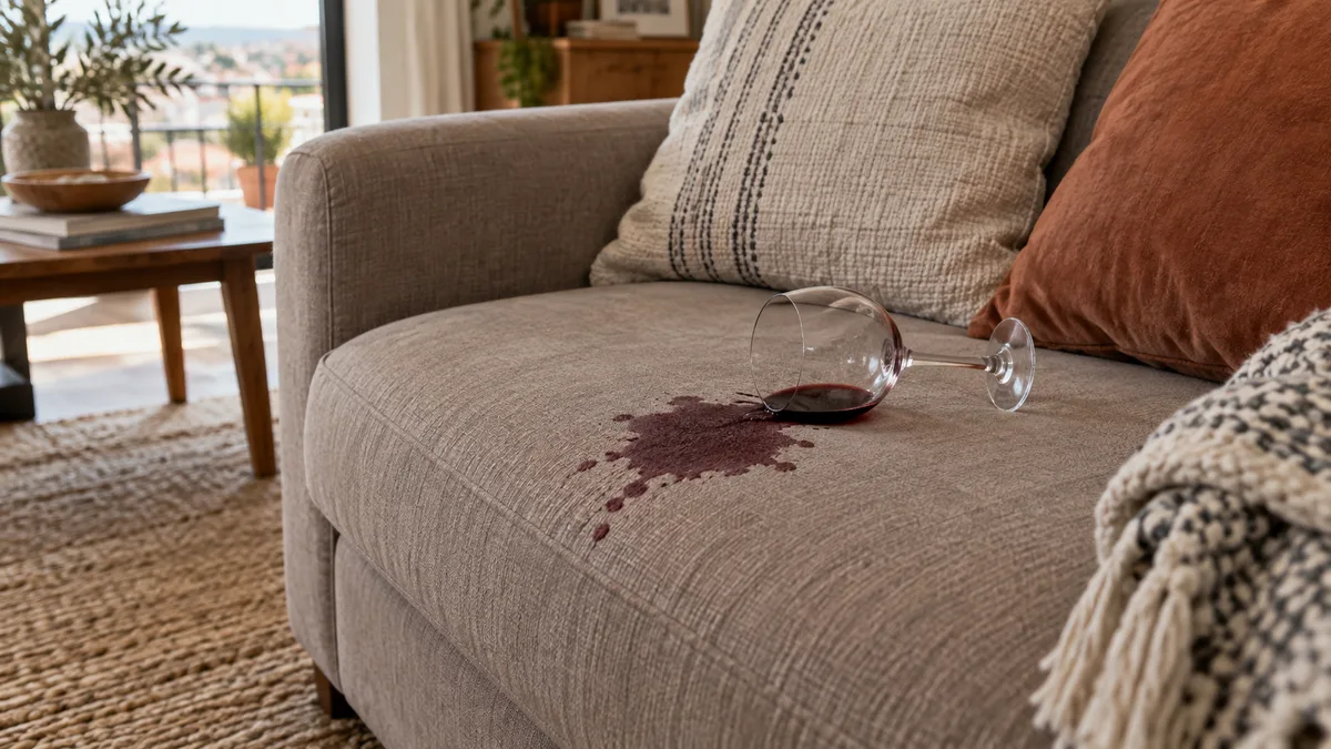 Imagem ilustrativa: Vinho derramado num estofo em tecido taupe