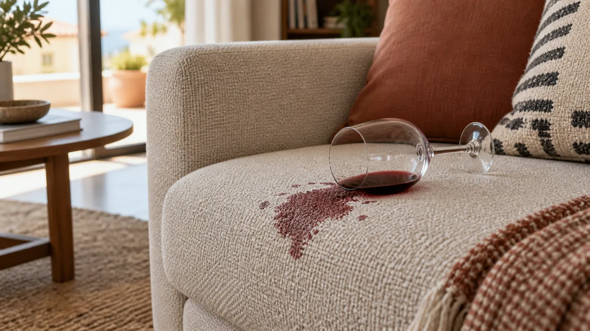 Imagem ilustrativa: Vinho derramado num estofo em tecido creme