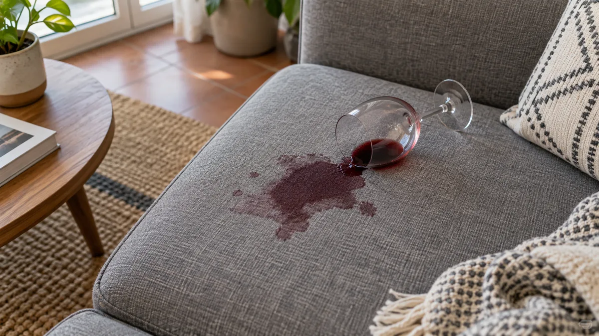 Imagem ilustrativa: Vinho derramado num estofo em tecido cinzento