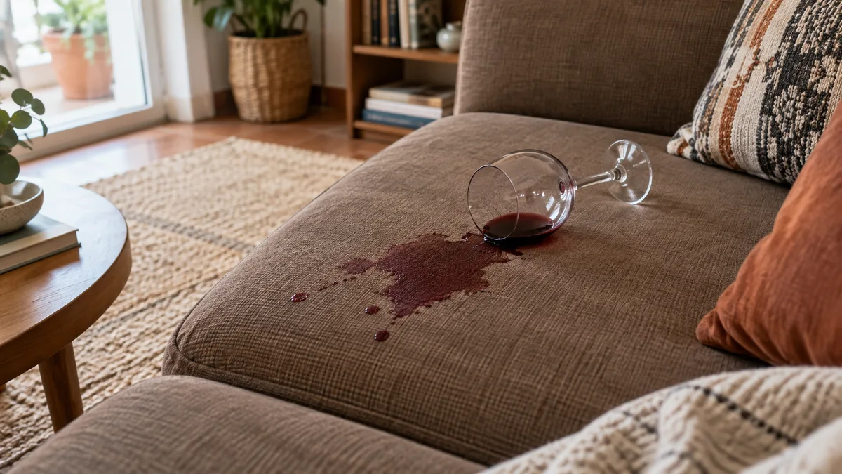 Imagem ilustrativa: Vinho derramado num estofo em tecido castanho