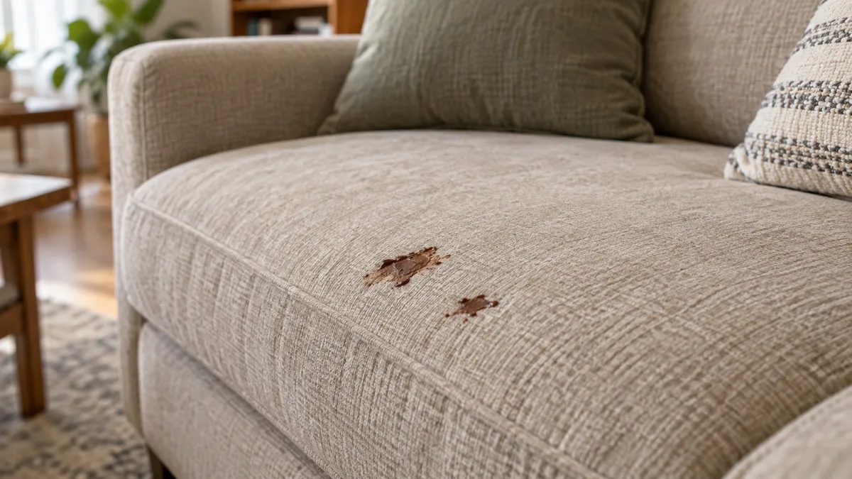Imagem ilustrativa: Pequenas marcas de chocolate num sofá de chenille