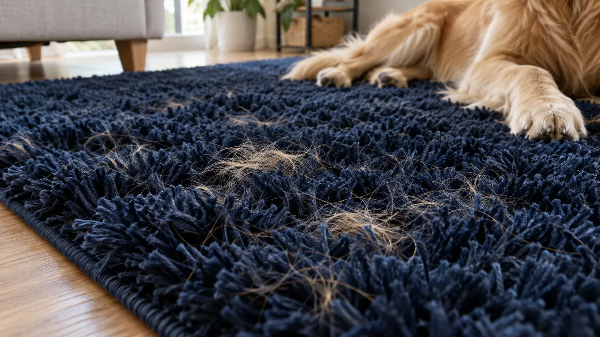 Imagem ilustrativa: Pelos presos num tapete azul de pelo alto