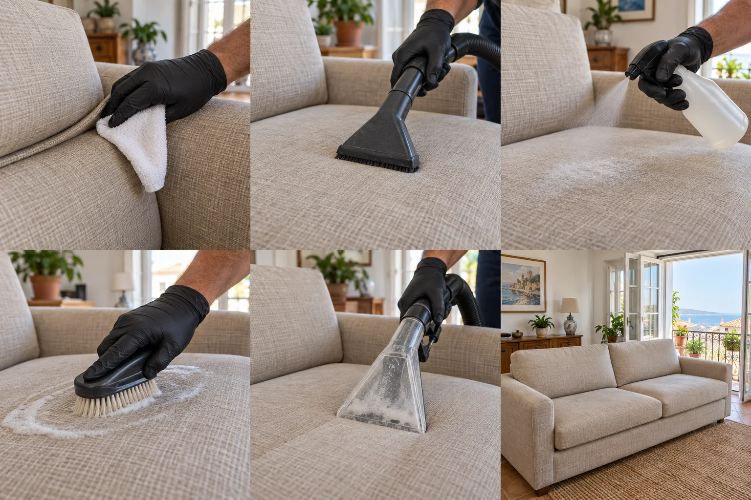 Teste com pano branco numa costura discreta do sofá em tecido