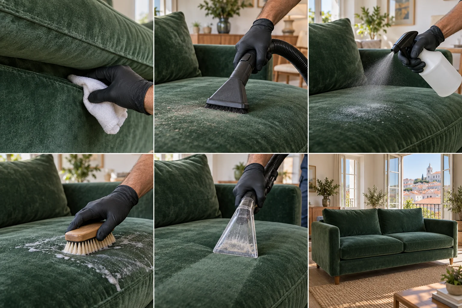 Teste numa costura discreta de um sofá em veludo verde