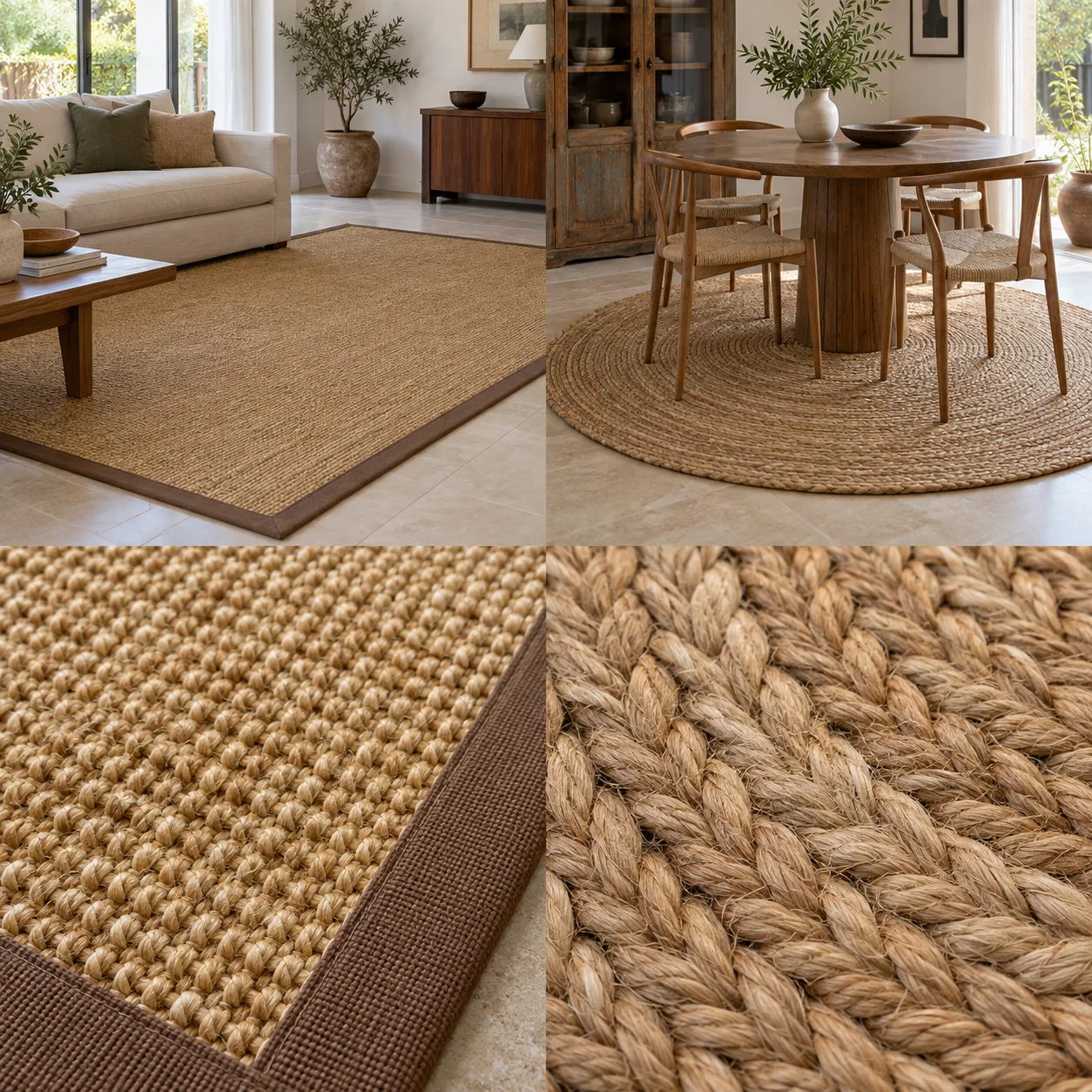 Tapete retangular de sisal natural com rebordo castanho