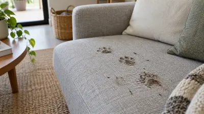 Imagem ilustrativa: Marcas de patas num sofá em tecido cinzento-claro